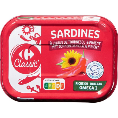 95g Sardines huile de tournesol et piment Carrefour Classic