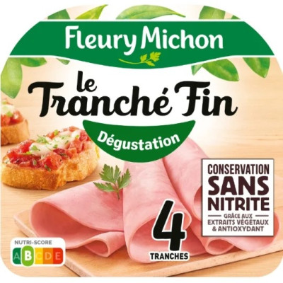 Jambon sans couenne Le tranché fin dégustation Fleury Michon 4 tranches 120g