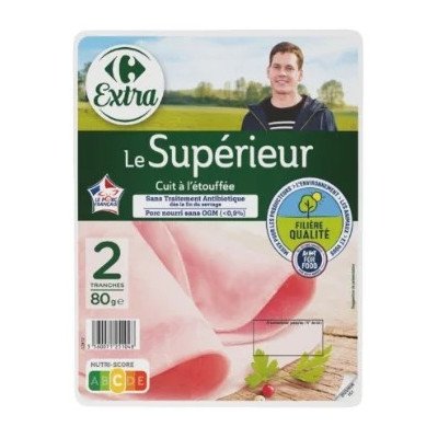 Jambon supérieur dégraissé, découenné 2 tranches CRF extra 80g