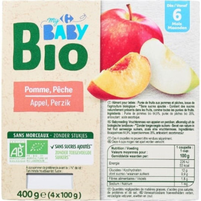 4x 100g compote pomme pêche +6 mois - Carrefour Baby Bio