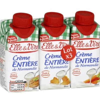 Briques UHT crème liquide fluide et entière 3x20 cl Elle & Vire